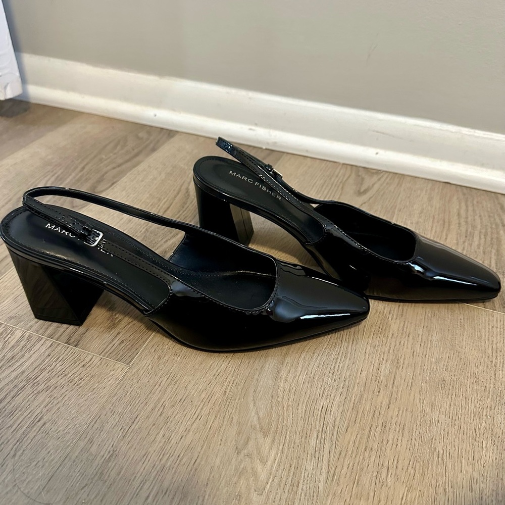 Marc Fisher Glossy Black Slingback Heels